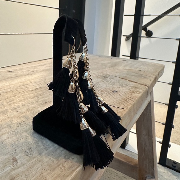 Target Black Tassel Drop Earrings with Silver Bell Accents Versatile Vacation - Picture 3 of 4
